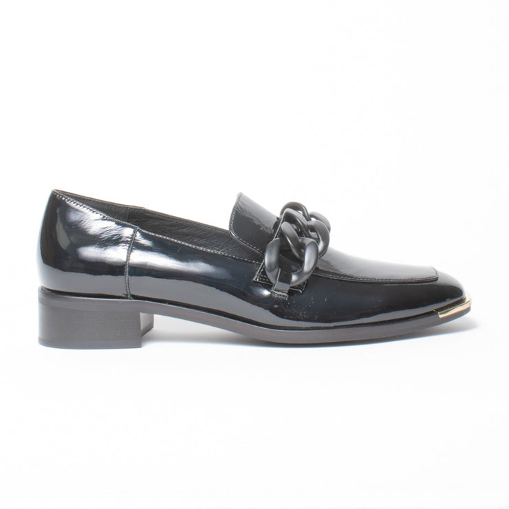 Django and Juliette Fingal Black Patent Loafer Shoe side. Size 42 womens shoes