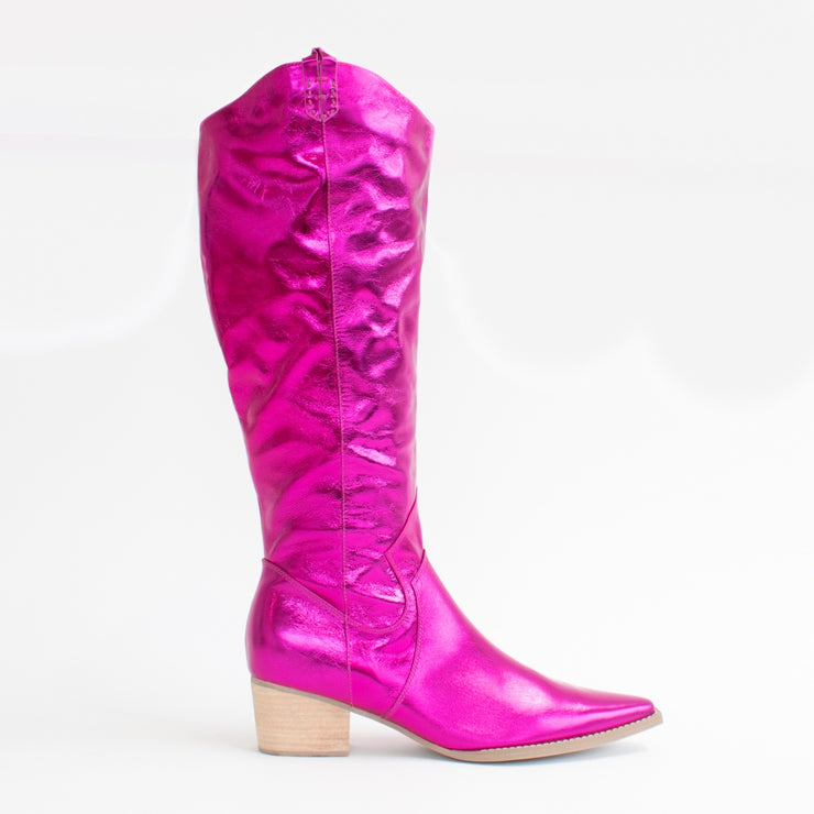 Minx Giddy Up Gal Cerise Metallic Long Boot side. Size 43 womens shoes