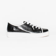 Izzy Black Linen Emboss Sneaker side. Size 42 womens shoes