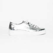 Minx Izzy Silver Linen Emboss Sneaker side. Size 42 womens shoes