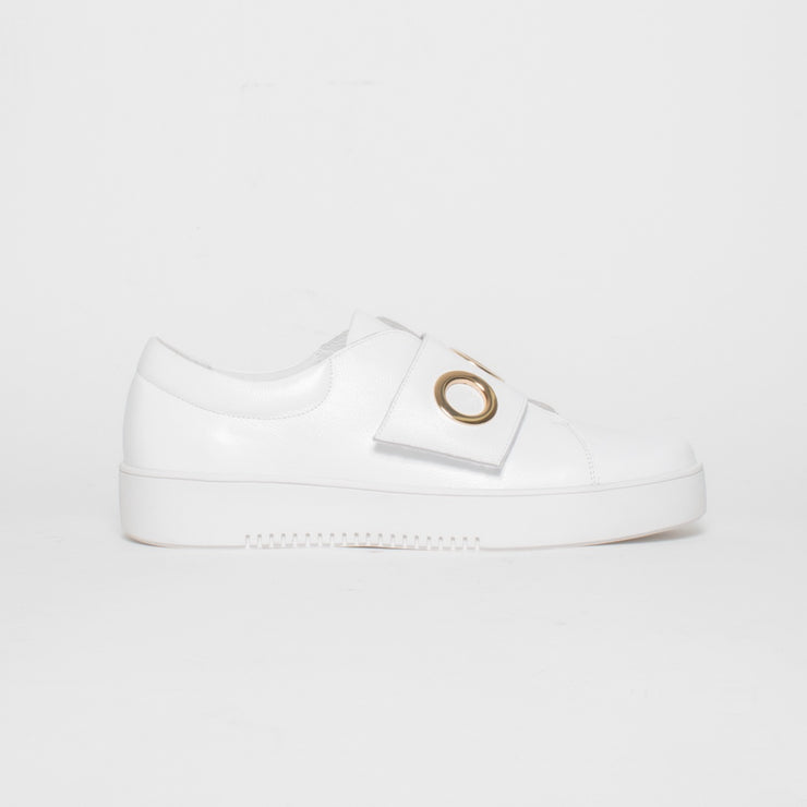 Django and Juliette Lanama White Leather White Sole Sneaker side. Size 42 womens shoes