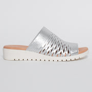 Django and Juliette Meta Silver Sandal side. Size 42 womens shoes