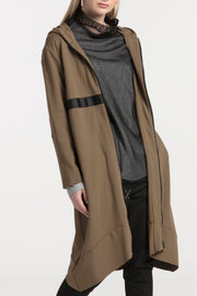 Tall model wearing Eau De Vie Coat Oak, front