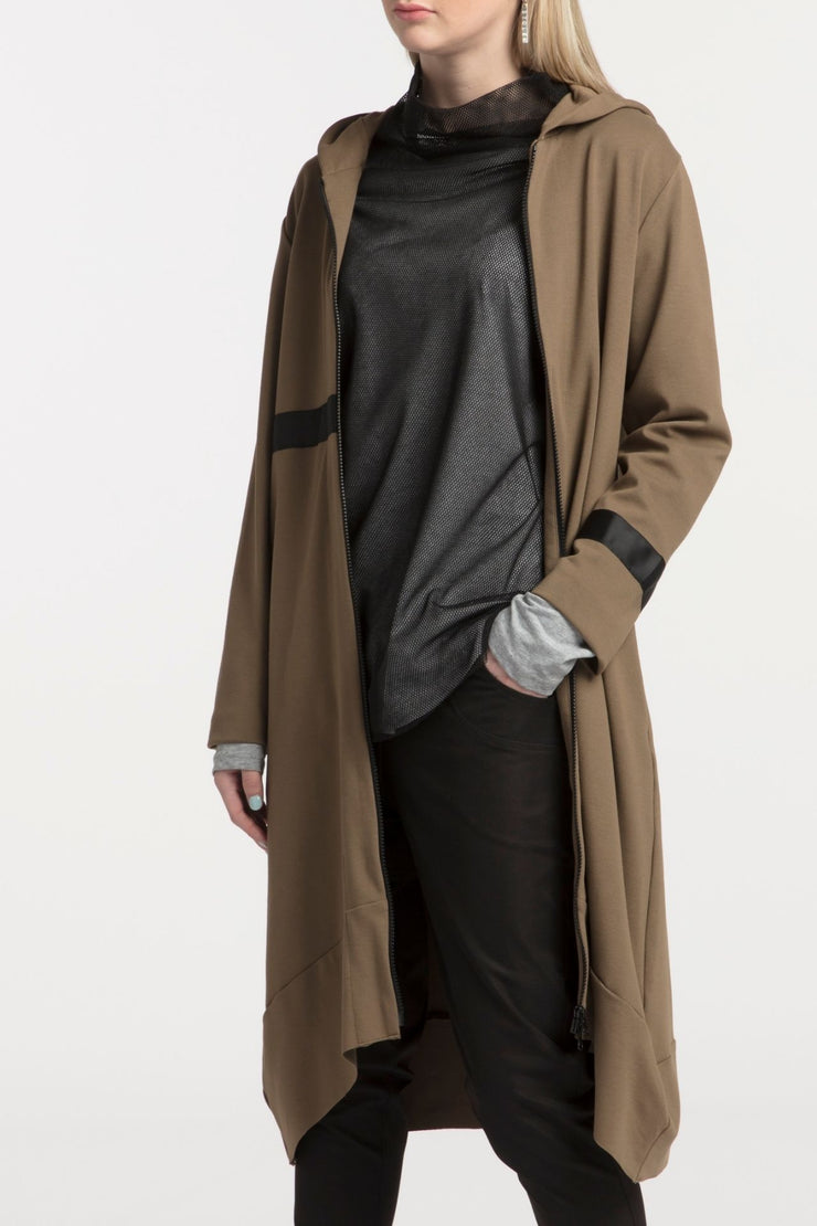 Tall model wearing Eau De Vie Coat Oak, front