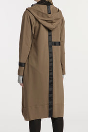 Tall model wearing Eau De Vie Coat Oak, back