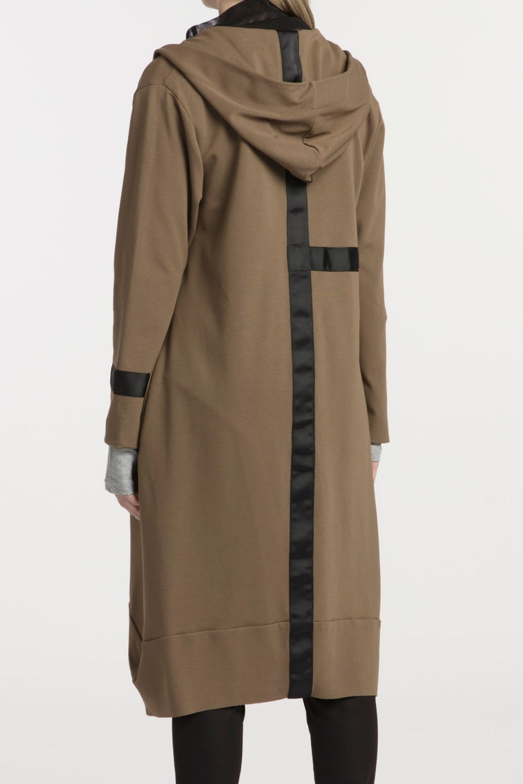 Tall model wearing Eau De Vie Coat Oak, back