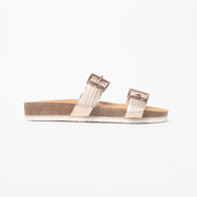Frankie4 Sandy III Rose Gold Emboss Sandal side. Size 10 womens shoes