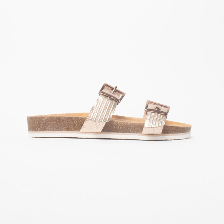 Frankie4 Sandy III Rose Gold Emboss Sandal side. Size 10 womens shoes