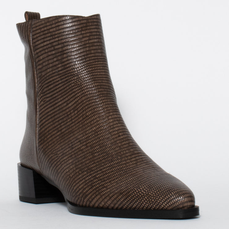 Dansi Santi Taupe Lizard Print Ankle Boot front. Size 43 women’s boots