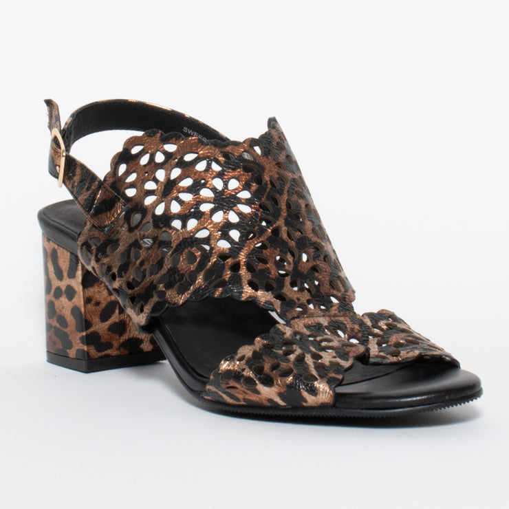 Bresley Sweeper Gold Leopard Print Sandal front. Size 43 womens shoes