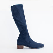 Django and Juliette Timothie Navy Stretch Suede Long Boot side. Size 42 womens shoes