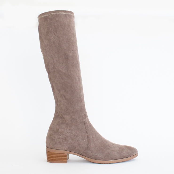 Django and Juliette Timothie Taupe Stretch Suede Long Boot side. Size 42 womens shoes