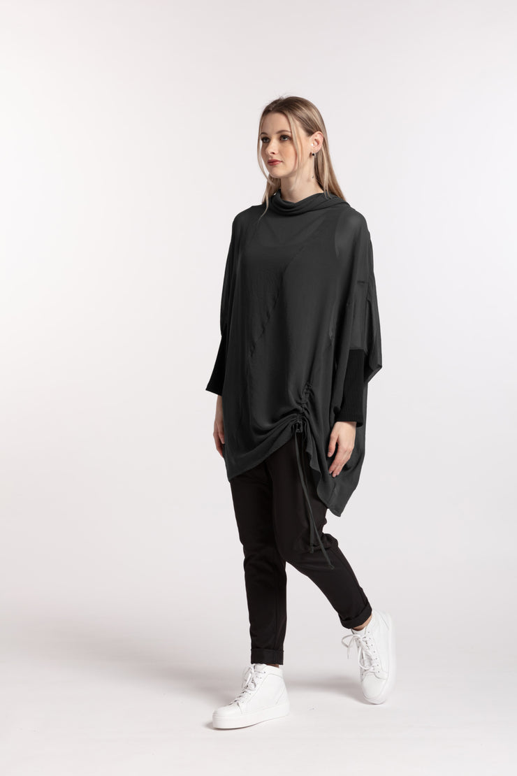 Beginnings polo top black for tall women side left view of model