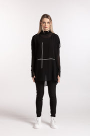 Model wearing Stars Crossed Top Black front view for tall women