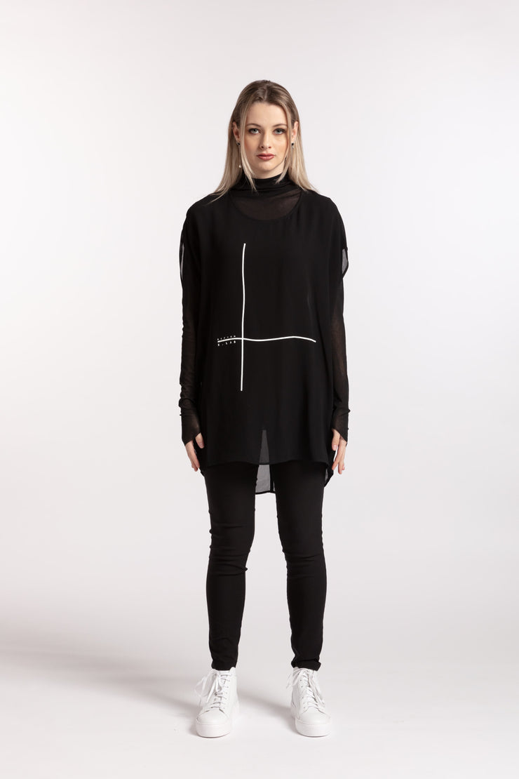 Model wearing Stars Crossed Top Black front view for tall women