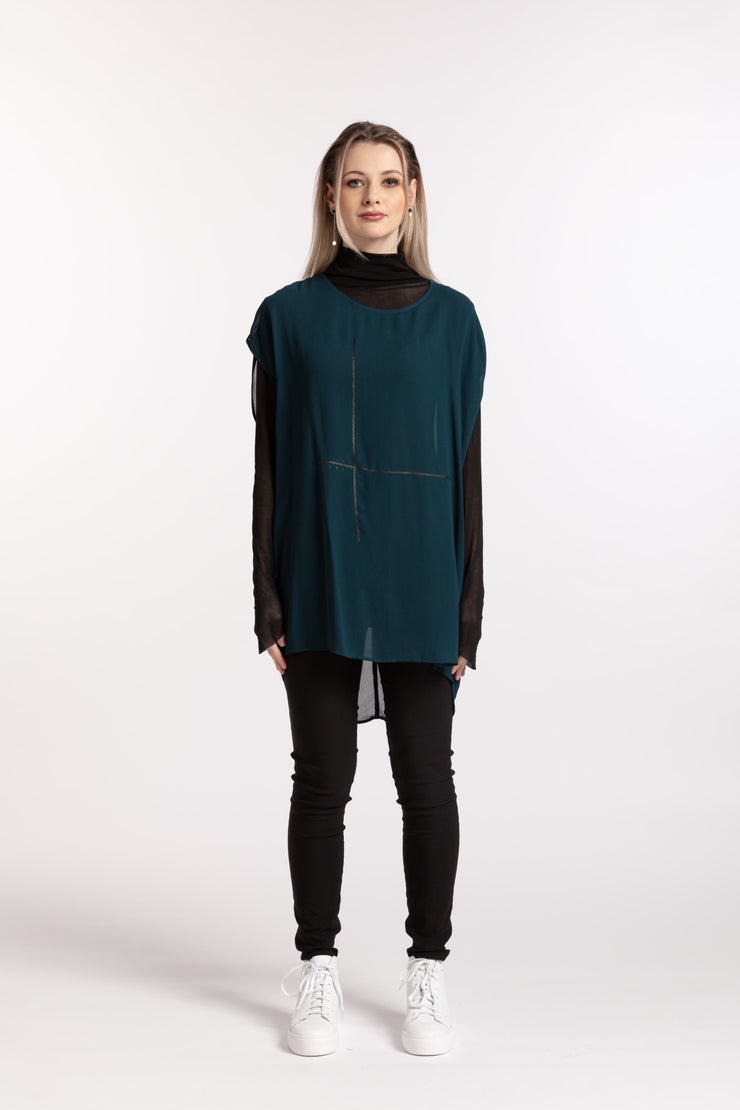 Front view of model wearing Stars Crossed Top Petrol
