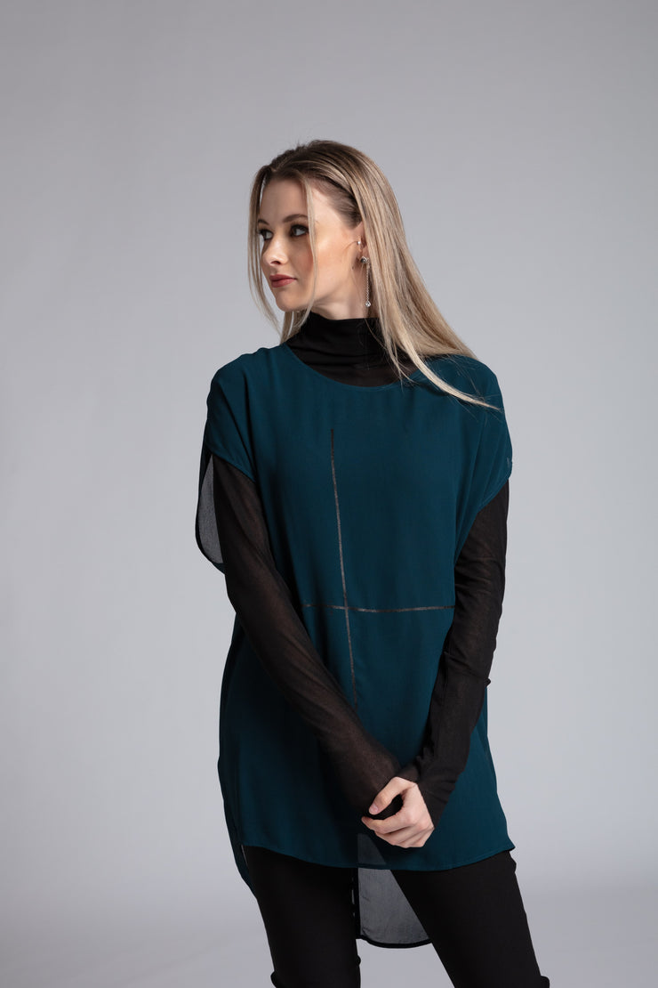 Close up of model wearing Stars Crossed Top Petrol