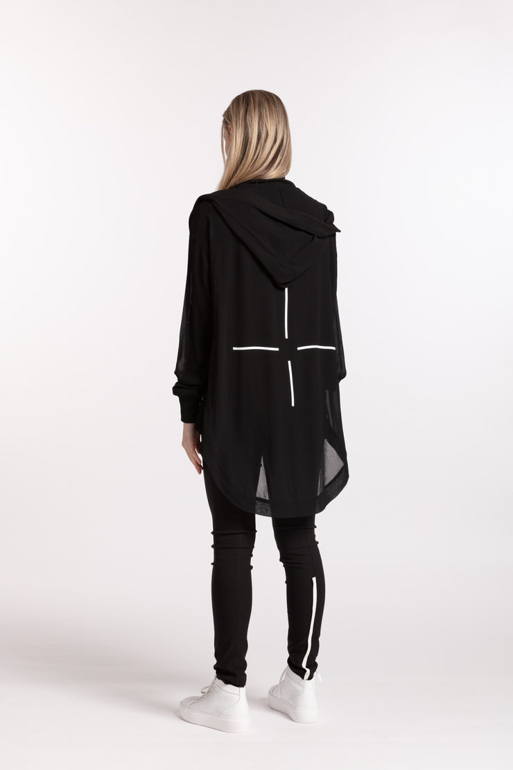 Star Gazing Jacket Black for tall women back view of model and screen print design