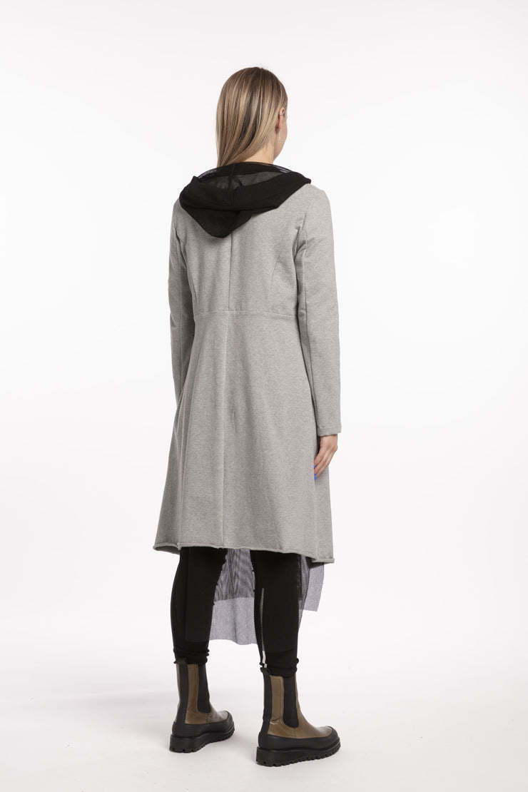Tall woman wearing X Lab Coat Grey back view
