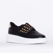 Minx Zena Stud Black Gold Sneaker front. Size 43 womens shoes
