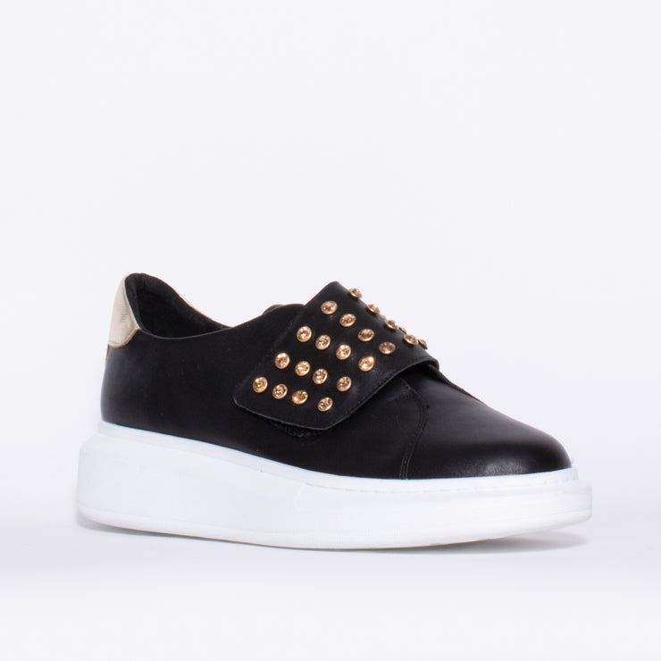 Minx Zena Stud Black Gold Sneaker front. Size 43 womens shoes