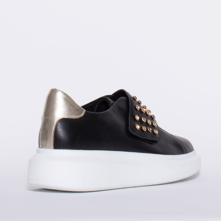Minx Zena Stud Black Gold Sneaker back. Size 44 womens shoes