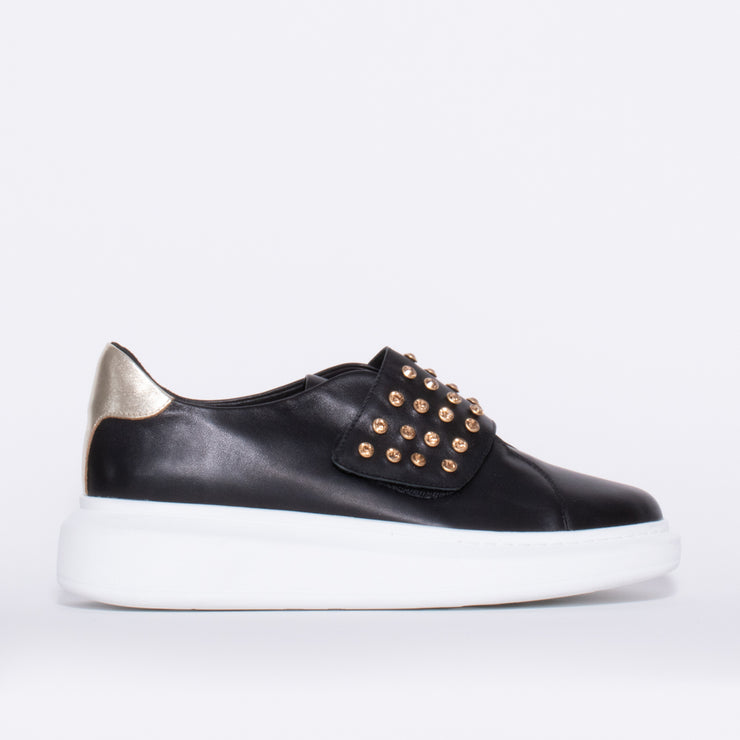 Minx Zena Stud Black Gold Sneaker side. Size 42 womens shoes
