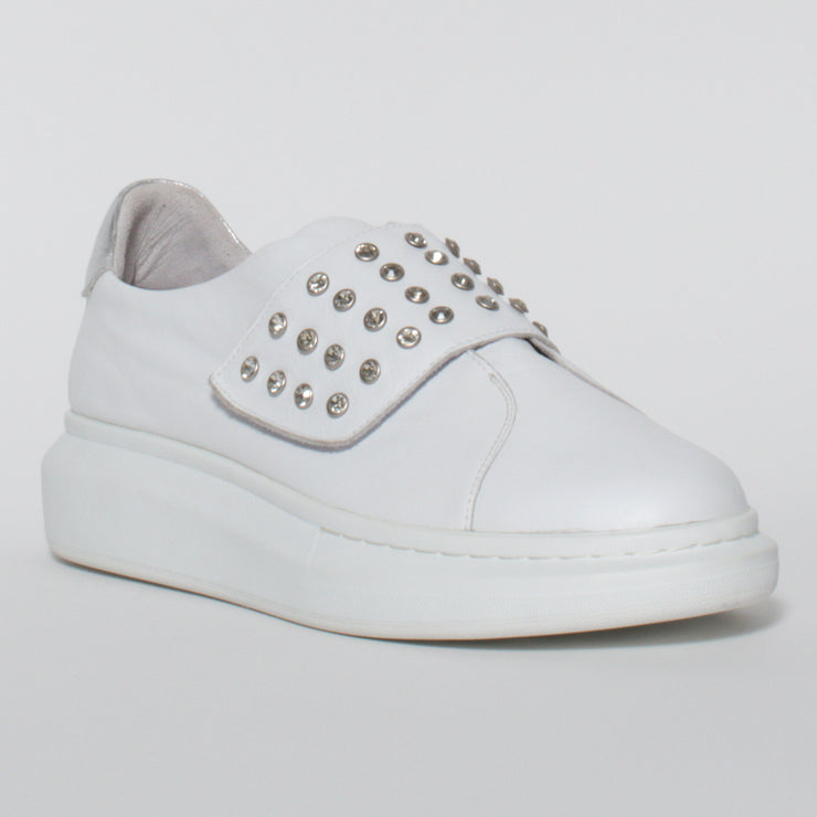 Minx Zena Stud on Tessa White Silver sneakers front. Size 43 womens shoes