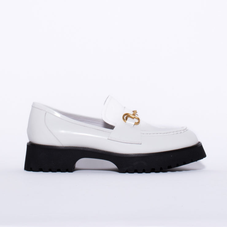 Minx Bite Marks White Hi Shine Loafer Shoe side. Size 43 womens shoes