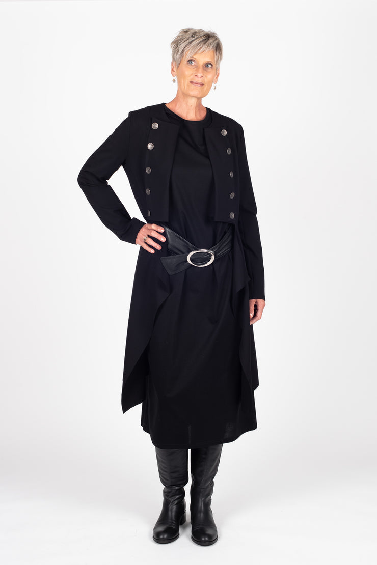 Tall model wearing X Lab Coat Black, front