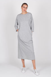 Tall model wearing Lulu Dress Grey Marle, front
