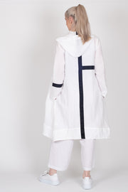 Tall model wearing Linen Coat White, back
