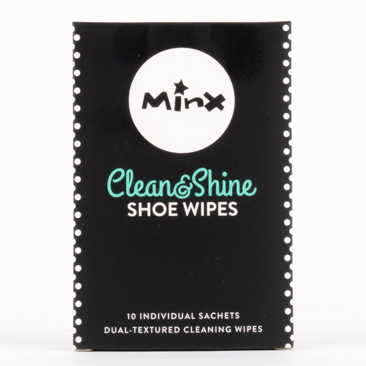 Minx Clean and Shine shoe wipes. Packet of ten