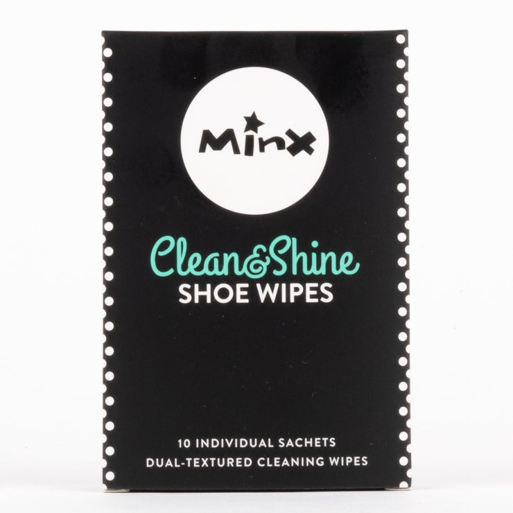 Minx Clean and Shine shoe wipes. Packet of ten