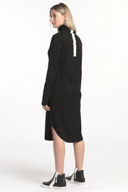 Tall model wearing Future Rib Dress Black, back