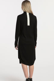 Tall model wearing Future Rib Dress Black, back, close up