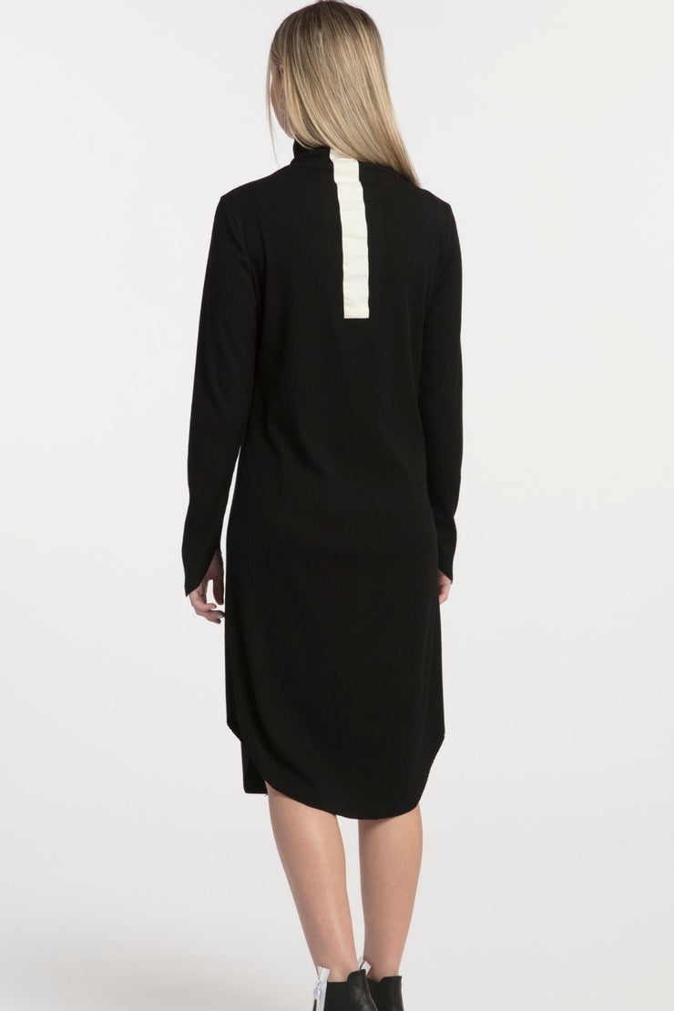 Tall model wearing Future Rib Dress Black, back, close up