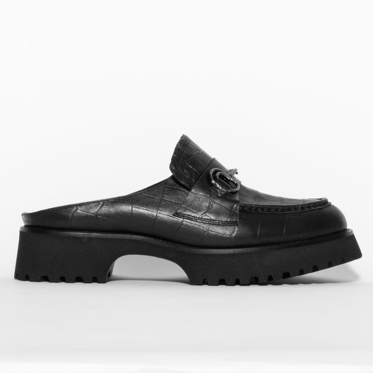 Minx Half Bite Black Croc Print Mule shoe side. Size 43 womens shoes