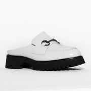Minx Half Bite White Hi Shine Mule Shoe side. Size 44 womens shoes