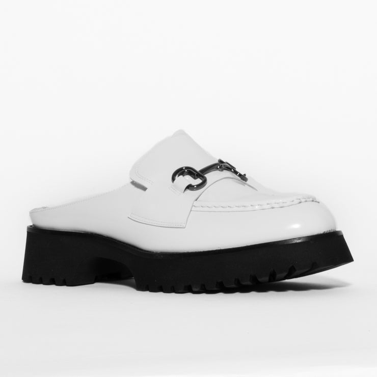 Minx Half Bite White Hi Shine Mule Shoe side. Size 44 womens shoes