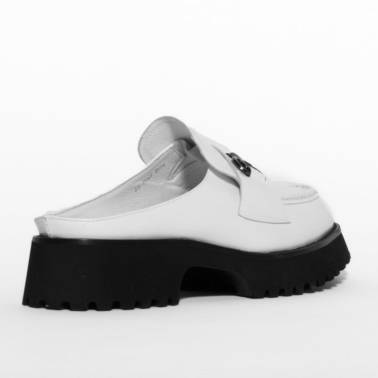 Minx Half Bite White Hi Shine Mule Shoe back. Size 45 womens shoes