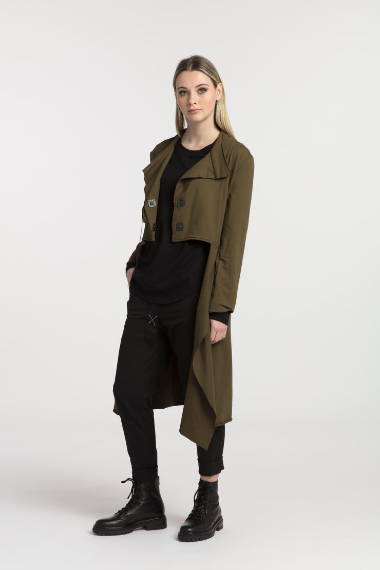 Tall model wearing New Page Coat Olive